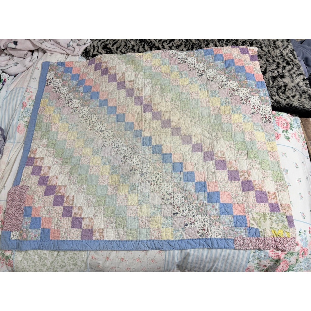 Vintage Pastel Calico Cutter Quilt Fragment Patchwork Textile 46"x39"
